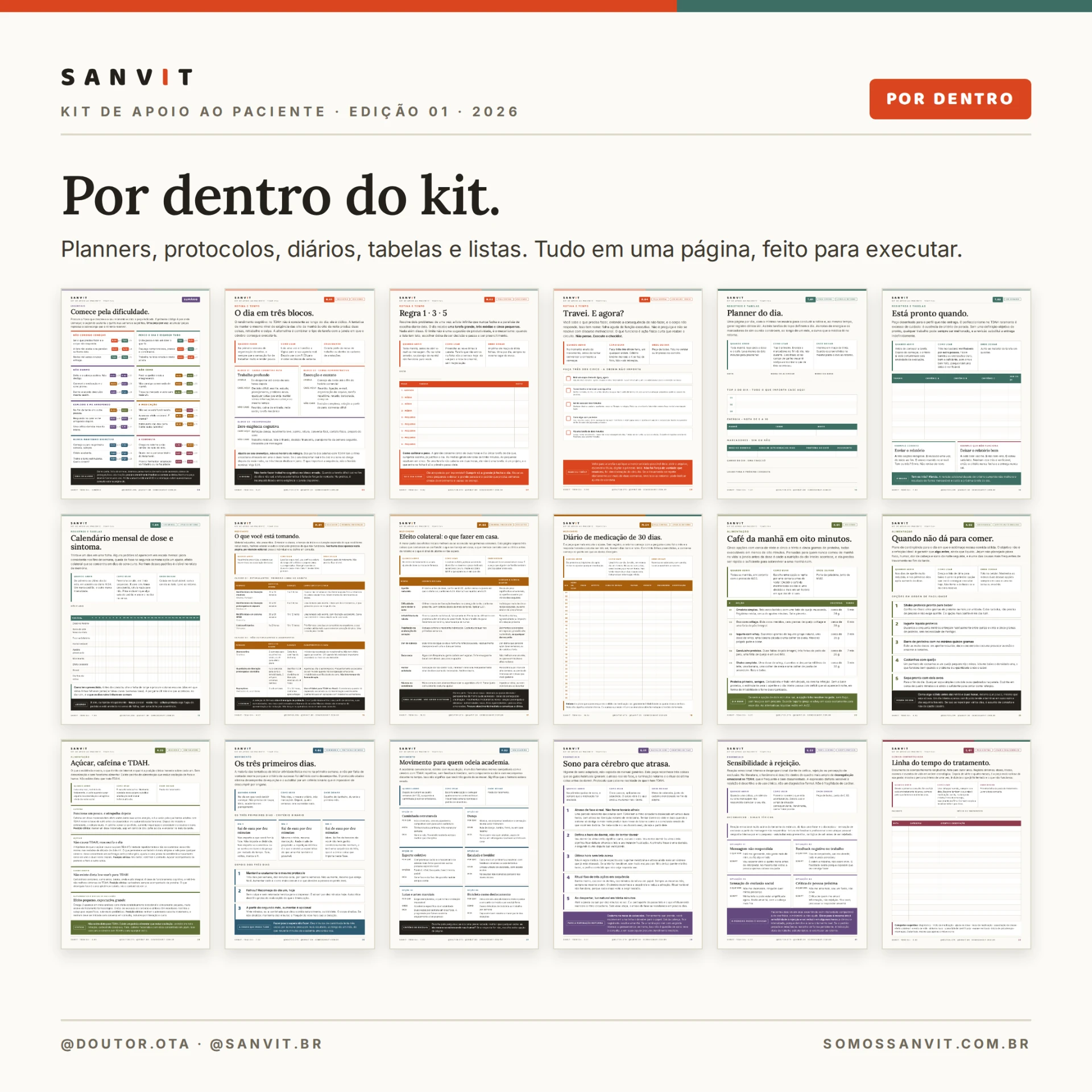 Prévia das páginas reais do kit: planners, protocolos, diários, tabelas e listas